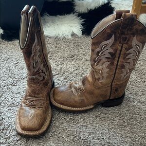 Old West Children Unisex Broad Square Toe Burnt Tan Leather Cowboy Boots